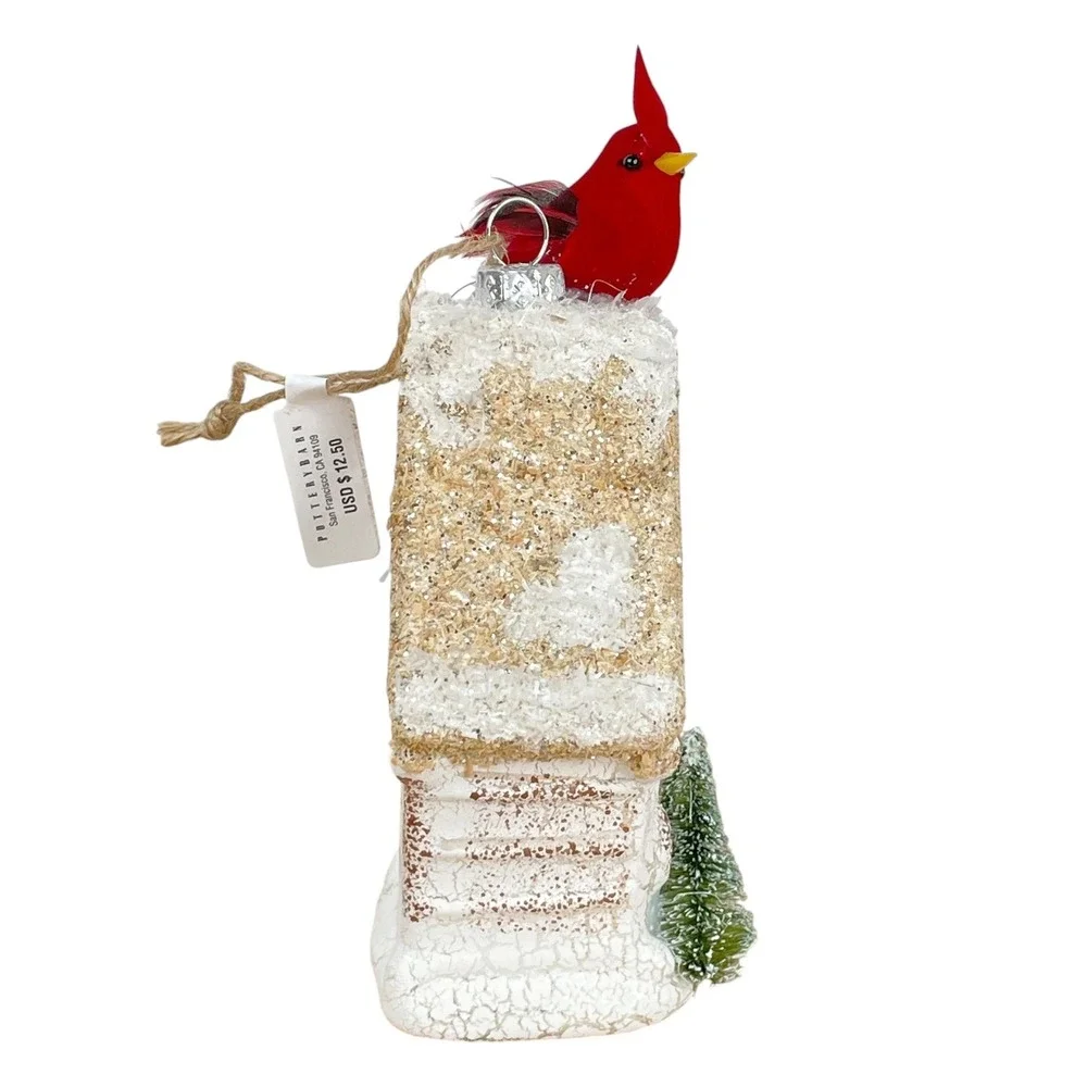 Pottery Barn Glass Christmas Cottage Ornament Red Cardinal Trees Glitter Trim